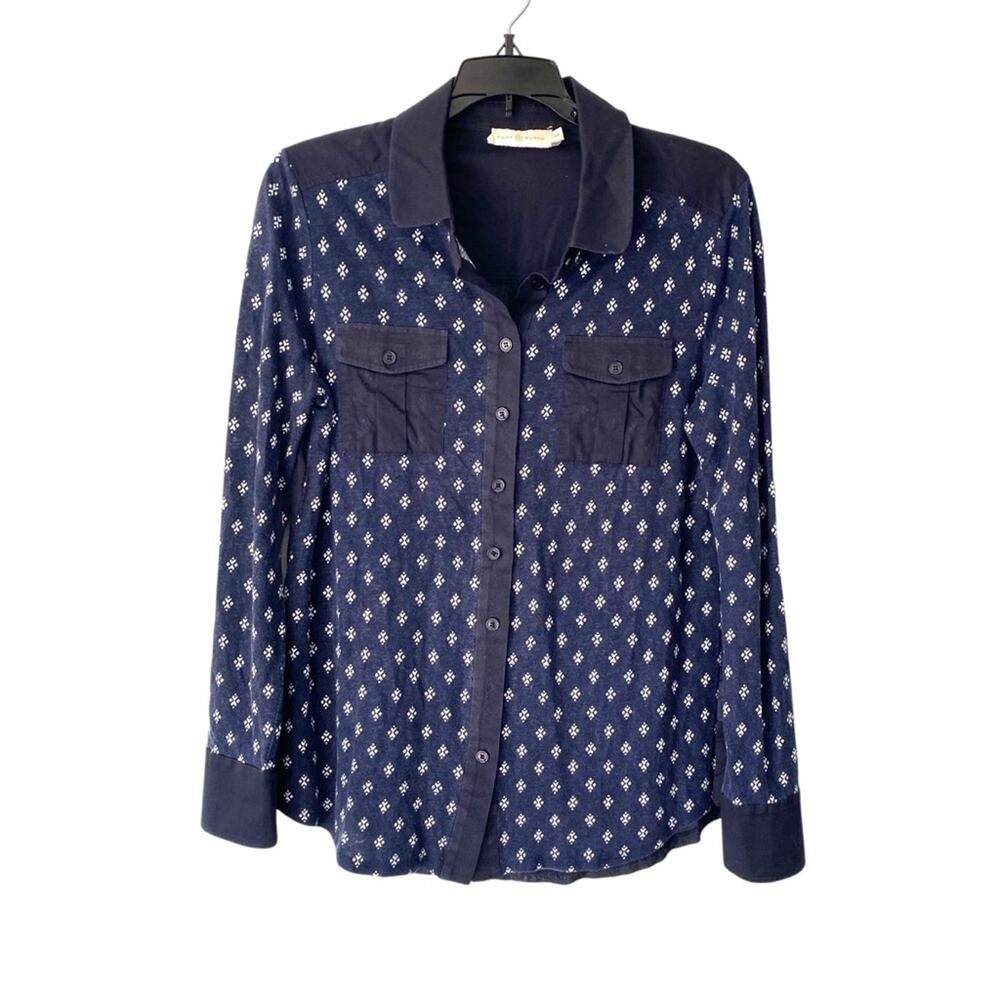 Tory Burch Linen Blend Navy Blue White Print Button Down Shirt size medium